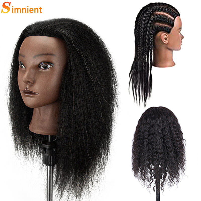 Cabeza de maniquí africano 100% cabello Real cabeza de entrenamiento de peluquería con trípode maniquí cosmetología cabeza de muñeca para Estilismo trenzado