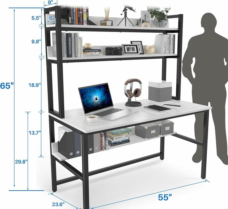 โต๊ะคอมพิวเตอร์ aquzee มีฮัทช์และชั้นวางหนังสือ, โต๊ะสีขาวกว้าง55นิ้วพร้อมชั้นวางสำหรับจัดเก็บ, ประกอบง่าย