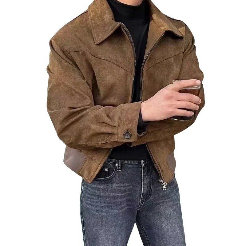 Abrigo elegante de color marrón liso para hombre, Chaqueta corta con cremallera y solapa suelta de alta gama, Estilo Vintage, primavera y otoño, 2024