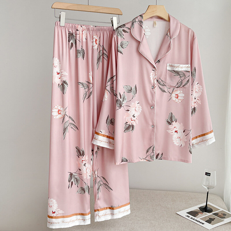 Print Bloem 2 Stuks Pyjama Pak Casual Lange Mouwen Nachtkleding Slaap Set Roze Satijn Thuis Kleding Intieme Lingerie Pyjama
