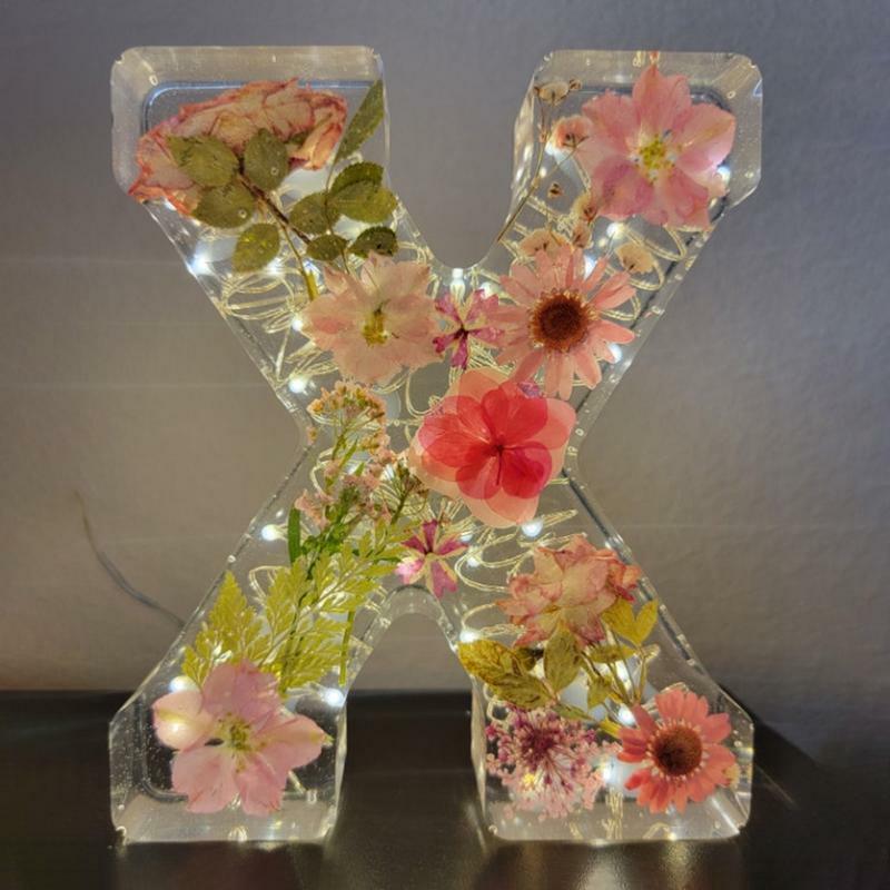 Floral Letter Night Lights Nightlight USB LED Wood Base Night Light Home Decor Decorative Resin Lamp with Initial Letter