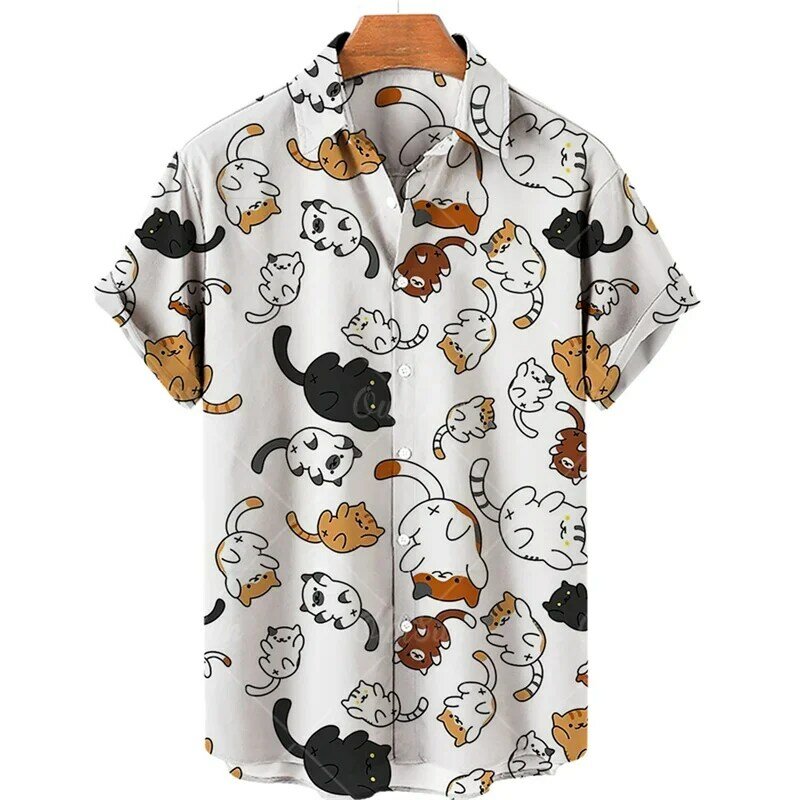 Camiseta anime de manga curta masculina, estampa gráfica de gato, desenho animado, camisas havaianas grandes para homens, camisa unissex Harajuku, verão