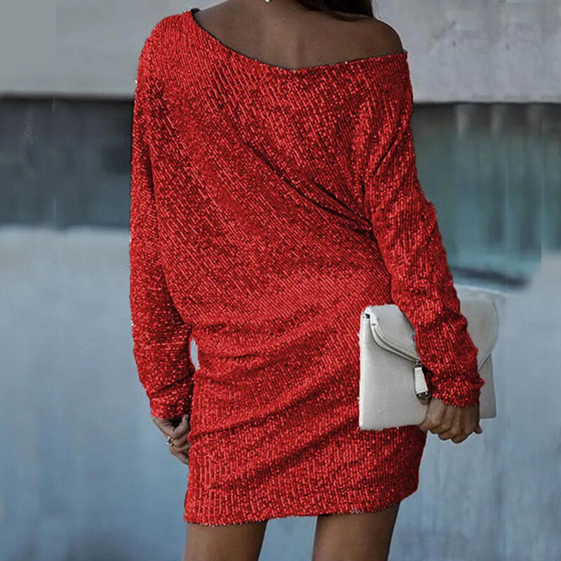 Elegante vestido de fiesta con lentejuelas para mujer, vestido brillante de manga larga con cuello Diagonal, color rojo, plateado y dorado, 2024