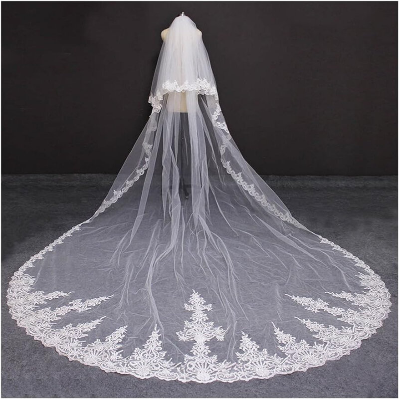 Long Wedding Veil with Comb 2 Layers 4 Meters Lace Bridal Veil with Blusher Luxury Cover Face Veil