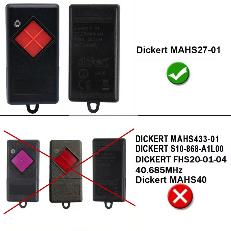 100% compatible DICKERT MAHS27-01 MAHS27-04 27.015 MHz Botón Remoto de Garaje Botón Rojo DICKERT 27MHz Transmisor de Mano