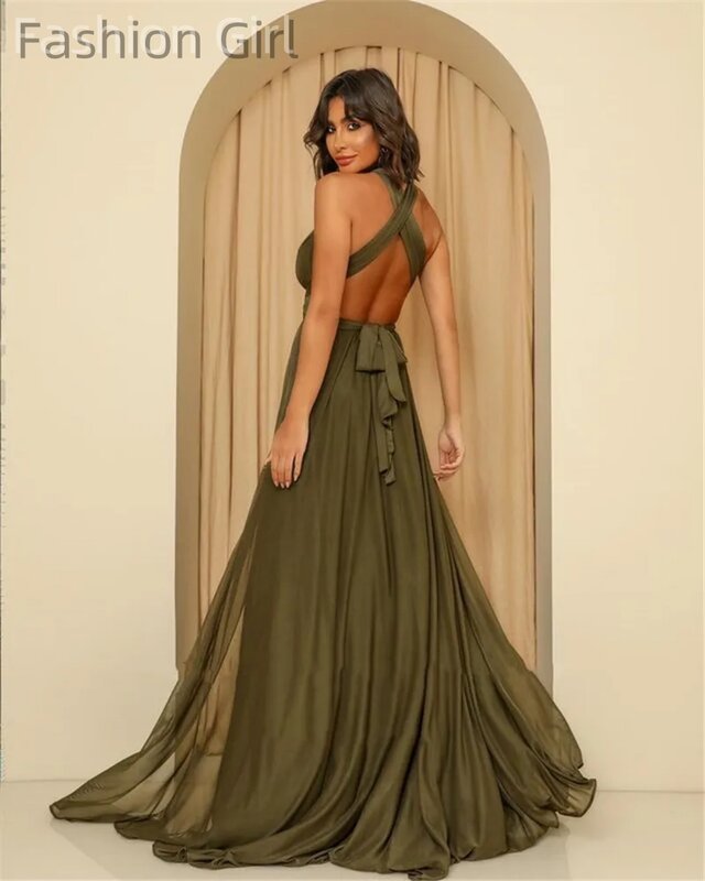 Army Green Evening Dress Halter Neck A Line Floor Length Luxury New in Dresses Ball Gown Elegant Gowns Prom Formal Long Cocktail