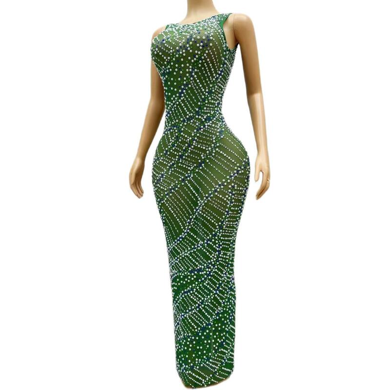 Sexy See Through Women Cocktail Formal Occasion Gowns Green Diamond Black Girl Long Prom Dresses 2024 for Birthday Party Huatian