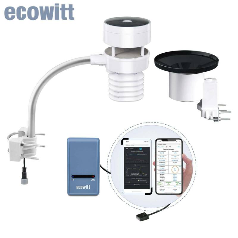 Ecowitt GW1103สถานีสภาพอากาศ Wi-Fi รวมถึงเซ็นเซอร์วัดความเร็วลมอัลตราโซนิก WS80ตัวเซ็นเซอร์วัดปริมาณน้ำฝนแบบเททิ้งเองและศูนย์กลาง GW1100