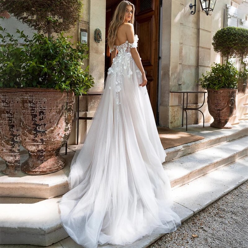 Gaun pernikahan Vintage yang indah gaun pengantin A-Line renda applique jubah Backless seksi belahan samping Bohemia Vestidos De Novia 2024