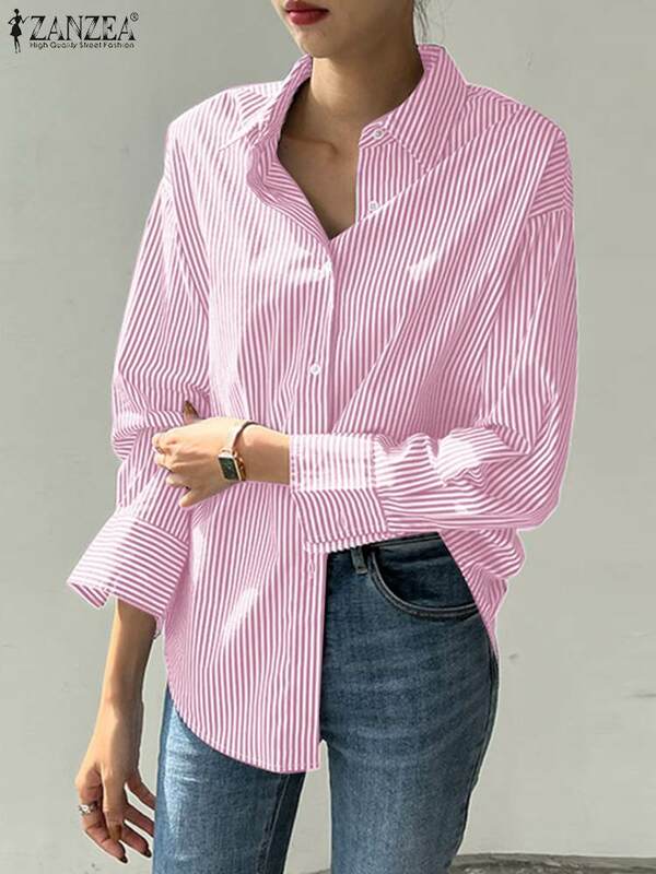 ZANZEA biuro w paski luźna bluzka 2023 skręcić w dół kołnierz Top ponadgabarytowych kobiet koszula z długim rękawem Vintage Button-up Blusa Femininas