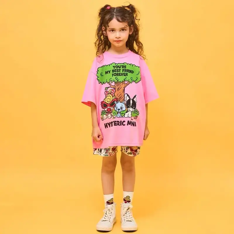 T-shirt de manga curta de algodão para meninas e meninos, roupa de uma peça, super manga curta, padrão gato e cachorro, super, verão, 2024