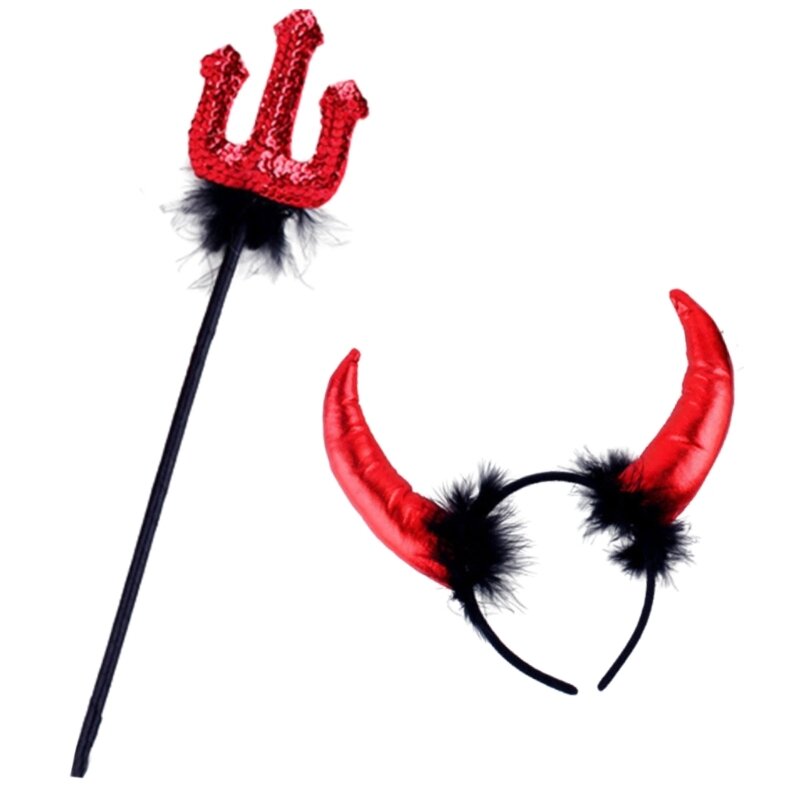 Devil Horn Hairband Fork Set Halloween Hairhoop Family Gathering Party Props
