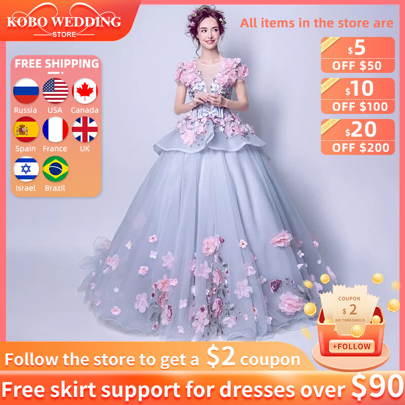 Grey Quinceanera Dresses 2022 Sweet 15 Prom Gowns 2 In 1 Princess Party Ball Gown 3D Pink Flower Organza Sheer Neck