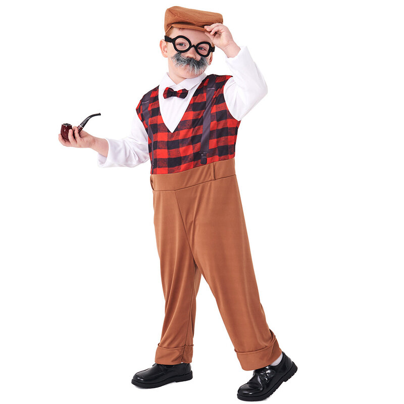 Costume de vieil homme pour enfants, cosplay d'Halloween, grand-père du 100e jour d'école, accessoires comprenant chapeau, lunettes, barbe