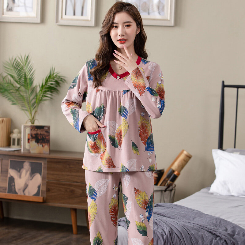 Conjuntos de pijamas feminino floral algodão completo moda rendas feminino manga longa pijamas terno 2 peça sexy outono casa salão presente xxxxl