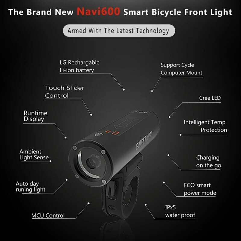 Enfitnix Navi600 lampu depan cerdas, lampu sepeda gunung, lampu malam pintar dapat diisi ulang USB untuk Aksesori Sepeda