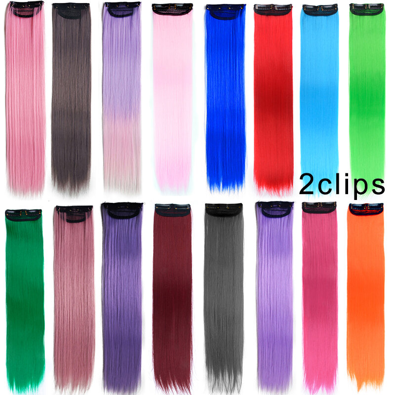 Rambut palsu sintetis highlight pesta berwarna, ekstensi rambut 22 inci lurus 5 Pak untuk wanita anak perempuan