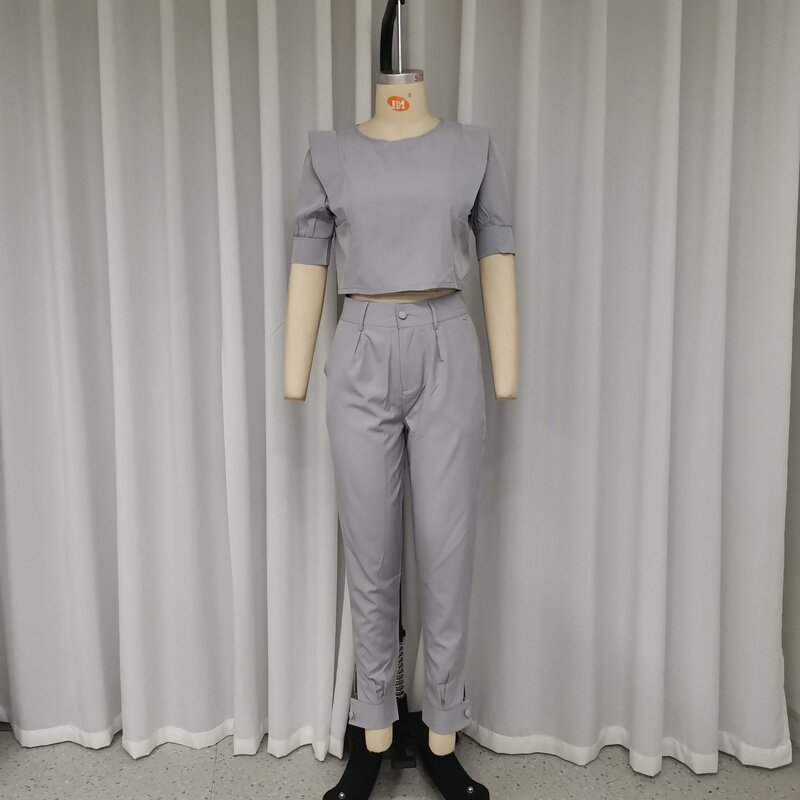 Two Piece Sets Women Pants Set Casual Slim Fit Light Gray Round Neck Short Sleeve High Waist Straight Long Pants Elegant Splice
