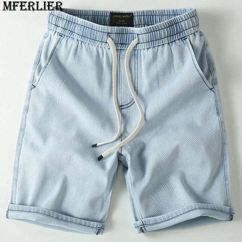 Шорты мужские джинсовые с эластичным поясом, модные повседневные однотонные синие короткие штаны из денима, лето