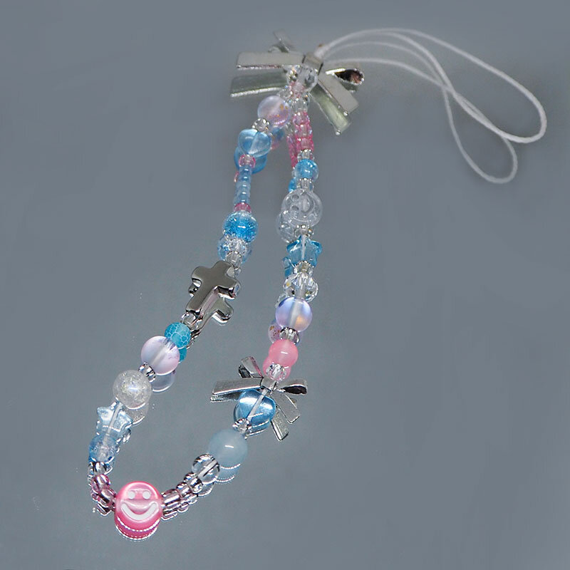 Women Mobile Phone Charm Strap Chain Lanyard Acrylic Silver Bow Heart Cross Glass Crack Bead Y2K KeyChain Girl Pink Blue Jewelry