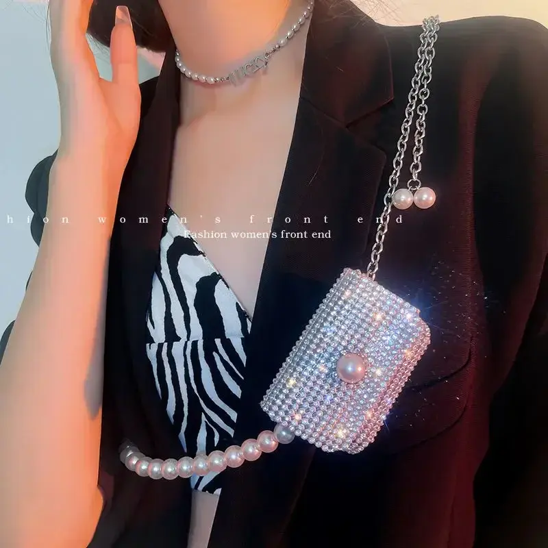 Women Fashion Messenger Bag Pearl Waist Chain Diamonds Chest Pack Accessories Shiny Rhinestone Versatile Diagonal Decoration Bag