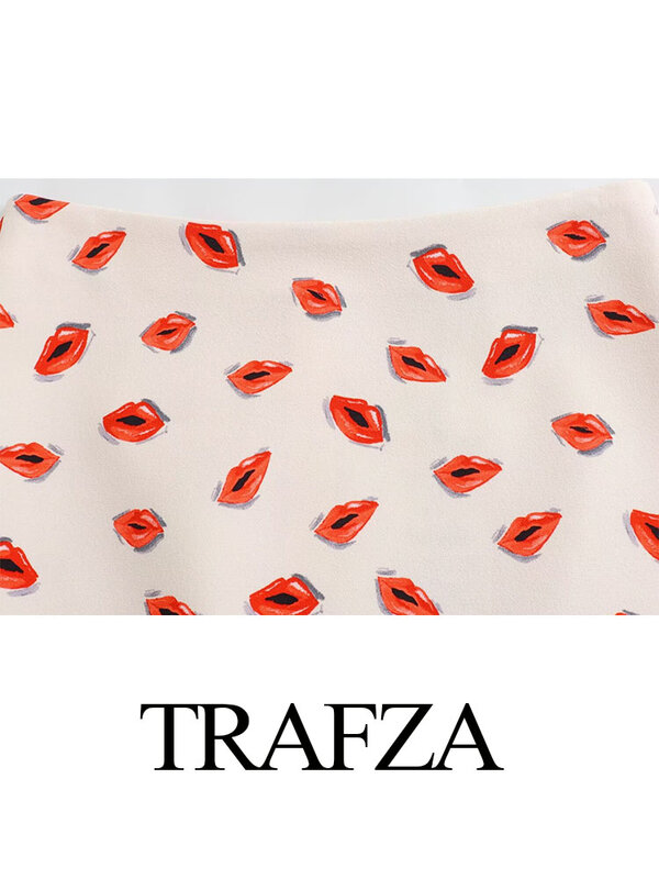 Trafza-女性用ハイウエストジッパー付きショートスカート,フラップ付き長袖シャツ,シングルブレスト,トレンディなプリントスーツ,サマーコレクション2024