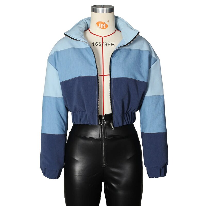 VOLALO 그라데이션 긴팔 지퍼 코튼 패딩 재킷, 가을 2024 스트리트웨어, 겨울 데민 파카, 두껍고 따뜻한 코트