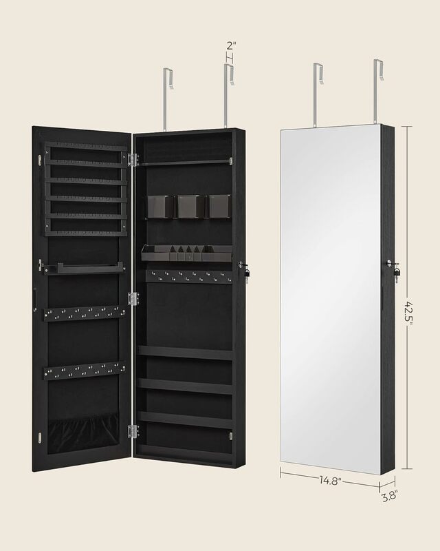 SONGMICS Mirror Jewelry Cabinet Armoire, Wall or Door Mounted Jewelry Storage, Hanging Lockable Frameless with 2 Plastic