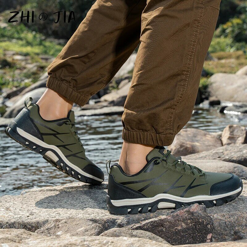 Tênis de couro antiderrapante masculino, sapatos casuais ao ar livre para caminhada e montanhismo, calçados grandes, nova moda, primavera e outono