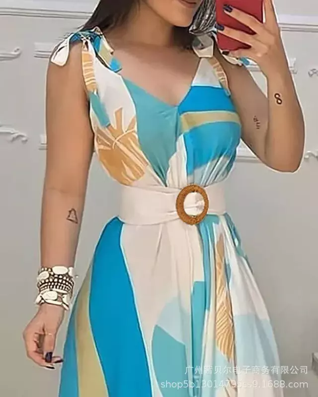 Fashion Print Blue Lace Up Dress for Women with Belt