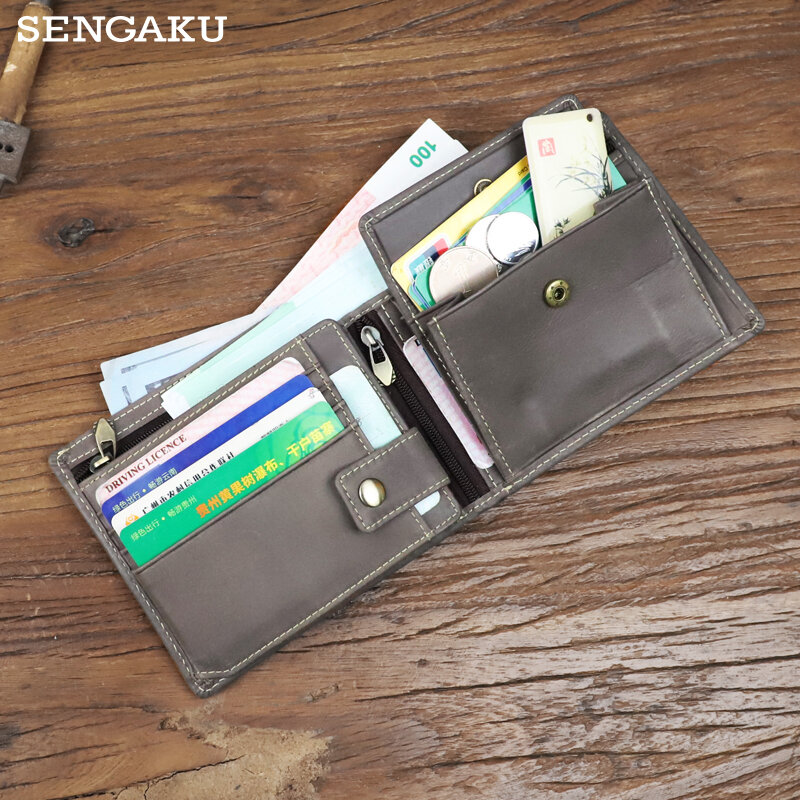 Мужской кошелек из натуральной кожи, винтажный короткий бумажник с отделением для карт, двойной складной держатель ручной работы, сумочка на молнии для мелочей