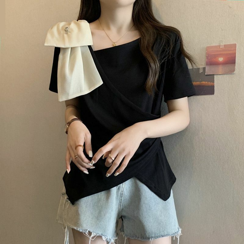 Fashion Skew Collar Spliced Sweet Folds Irregular Blouses Female Clothing 2024 Summer New Loose Casual Tops Asymmetrical Shirts