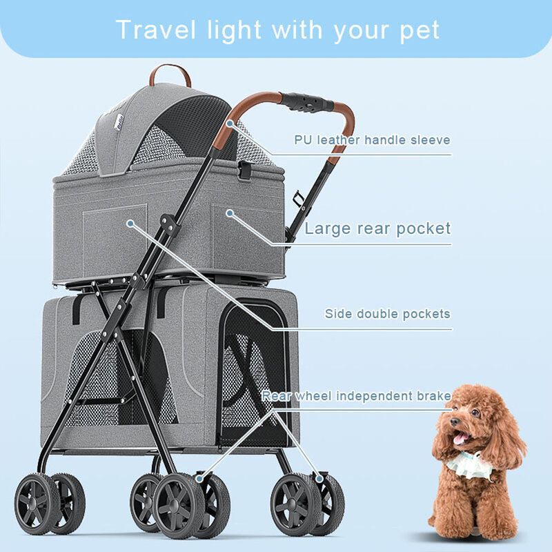 Portable Small Dog Stroller with Double Carrier Folding Type Lightweight Cats and Dogs Trolley for 10KG Pet To Carrying LD03F