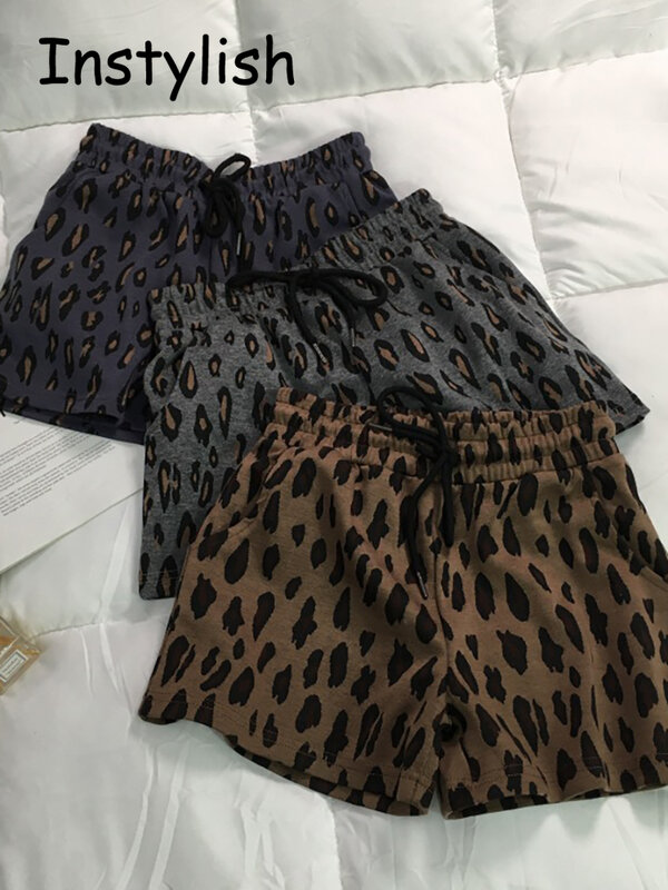 Шорты женские с широкими штанинами, винтажные простые шикарные свободные короткие штаны в стиле Харадзюку, с леопардовым принтом, с эластичным поясом, в Корейском стиле, лето 2022