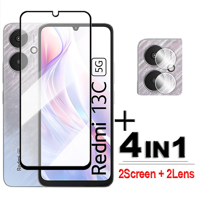 Protetor de Tela de Vidro Temperado, Filme de Capa Completa para Xiaomi Redmi 13C 5G, 10C, 11A, 12, 12C, 13C, 2.5D, 4in 1