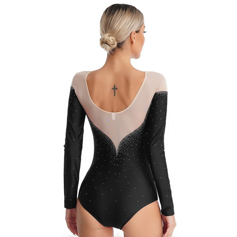 Leotardo de baile de Ballet para mujer, Body de malla transparente de manga larga con diamantes de imitación para gimnasia, patinaje sobre hielo, actuación