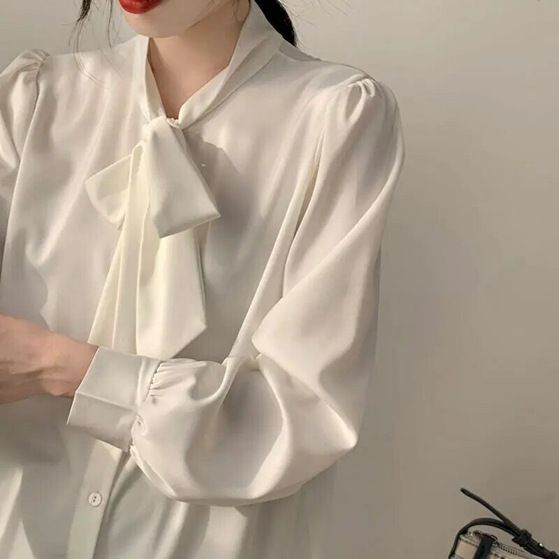 Temperament weiße Chiffon Bluse Frühling neue Langarm Bogen Patchwork einfarbig lose Hemd Tops elegante Mode Frauen Kleidung