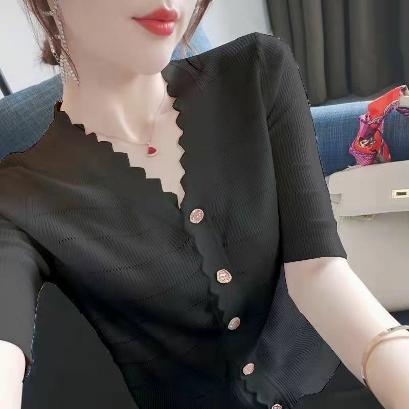Kemeja wanita rajutan kerah V berkancing warna polos berongga pakaian wanita longgar baru musim panas 2024 blus penglaju atasan Korea
