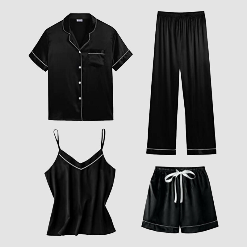 Женский весенний сексуальный пижамный комплект с брюками, кружевная атласная одежда для сна с шелковым халатиком, Модный комплект из четырех предметов