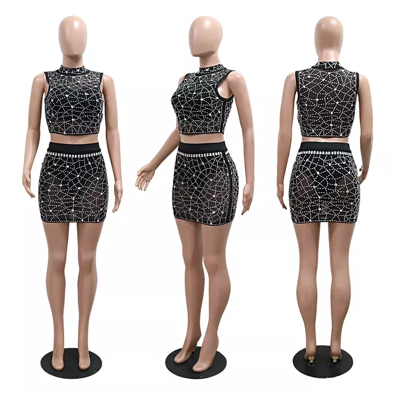 Women Set Sleeveless Crop Top +mesh Hot Rhinestones Sexy Mini Skirt Suit 2024 Two 2 Piece Set Party Club Night Outfits