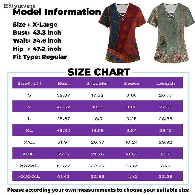 Plus Size Printed Scrub Working Uniform Tops For Women Cross V-Neck Print Short Sleeve Fun T-Shirts Workwear Tee With Pockets