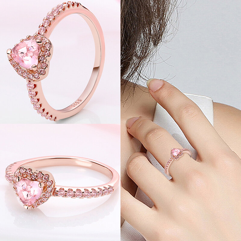 2024 Hot Selling New Original Women's Ring 100% 925 Sterling Silver Pink Heart Shape Star Moon Snowflake Zircon Ring Jewelry