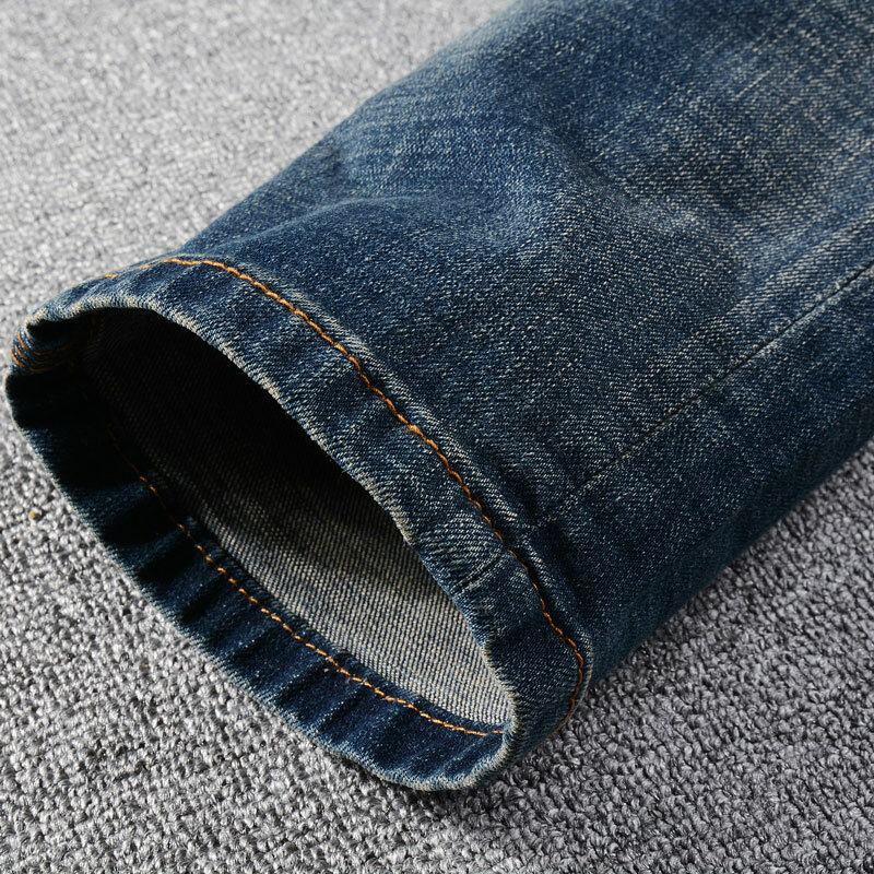 Jeans de fenda retrô lavado azul slim fit masculino, calça jeans casual, elástica, moda estilista