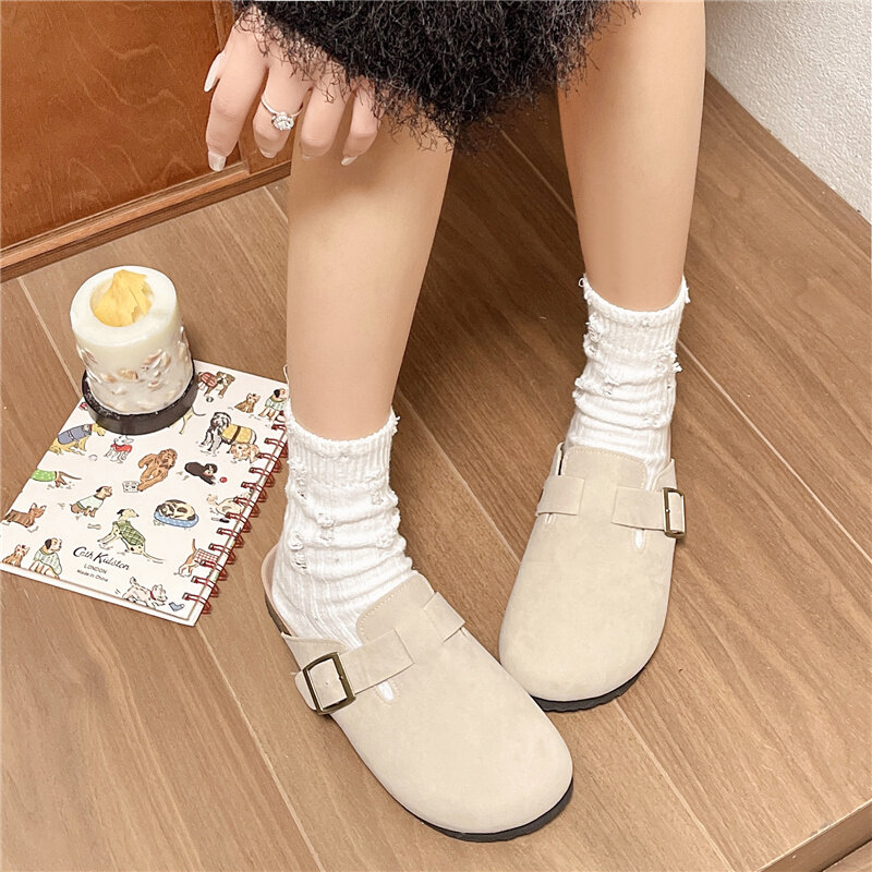 Zapatillas planas de gamuza sintética para mujer, zapatos de mulas con punta cerrada Vintage, toboganes de corcho de suela suave para exteriores, otoño