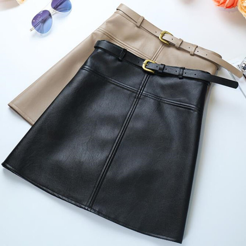 Pu Leather Mini Skirts Women High Waist Spring Autumn A-line With Safety