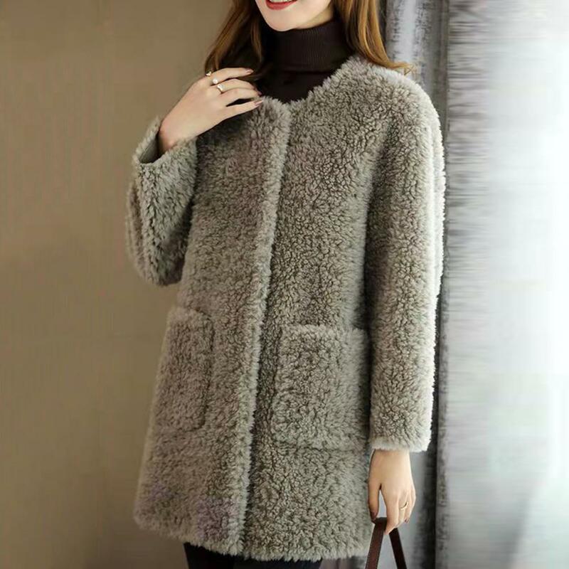 Women Winter Coat Thick Plush Thermal Cardigan Solid Color Women Long Coat Round Neck Pockets Mid Length Lady Jacket