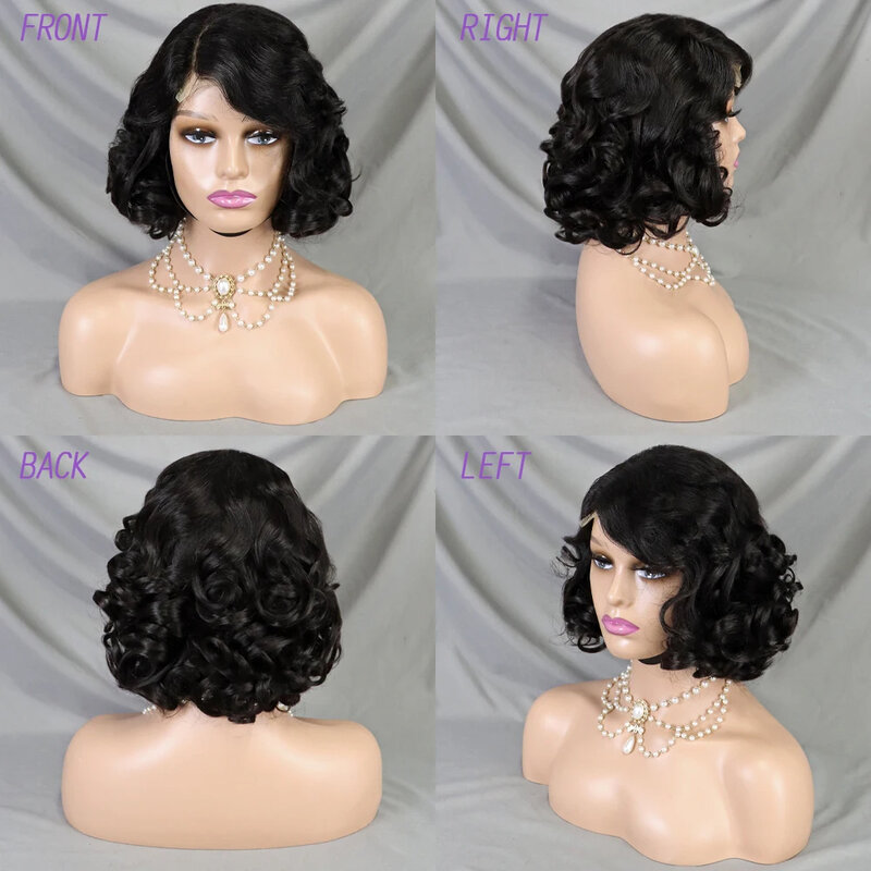 Pelucas de cabello humano brasileño Remy para mujeres negras, pelo corto de onda suelta con cierre de encaje 4x4, Borgoña 99J, 200% de densidad