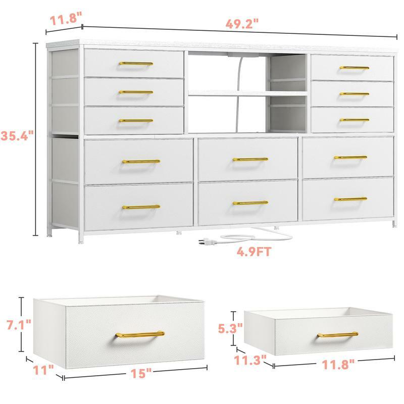 TV Stand Dresser for Bedroom with Power Outlet & LED Lights for 65" TV Stand for Living Room Entertainment Center with 12 Fabric