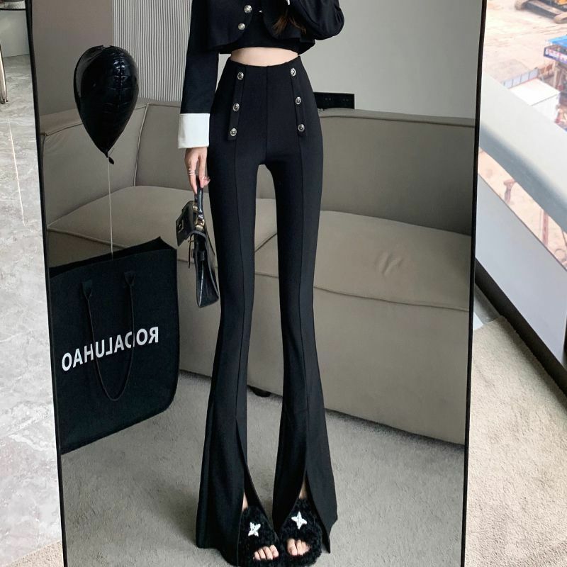 Summer Korean Women Clothing Fashion Black Slit Flare Pans Elastic High Waist Office Lady Casual Skinny Straight Suit Trousers