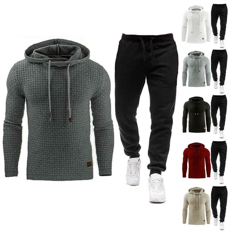 Terno esportivo masculino casual com capuz, manga comprida, elástico na cintura, capuz de textura waffle, calças para o outono, inverno, monocromático